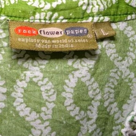 Rock Flower Paper Cotton Tunic Dress L Green Geometric Lace Trim Resort Vacation - Picture 3 of 5